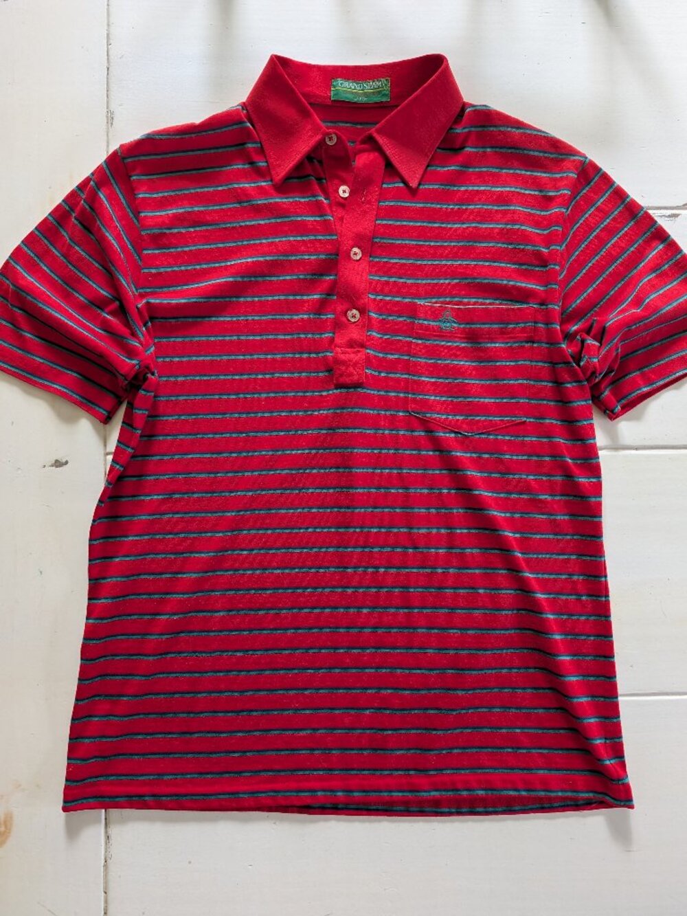VTG 90s Grand Slam Munsingwear Penguin Short Sleeve Polo Mens L Red Blue Stripes
